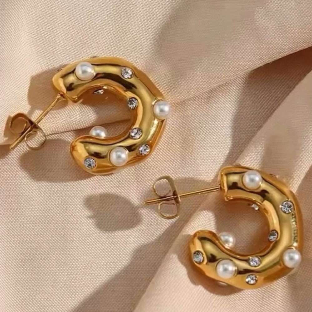 18k Gold Plated Stainless Steel Special-shaped Hammer Pearl Zircon Earrings